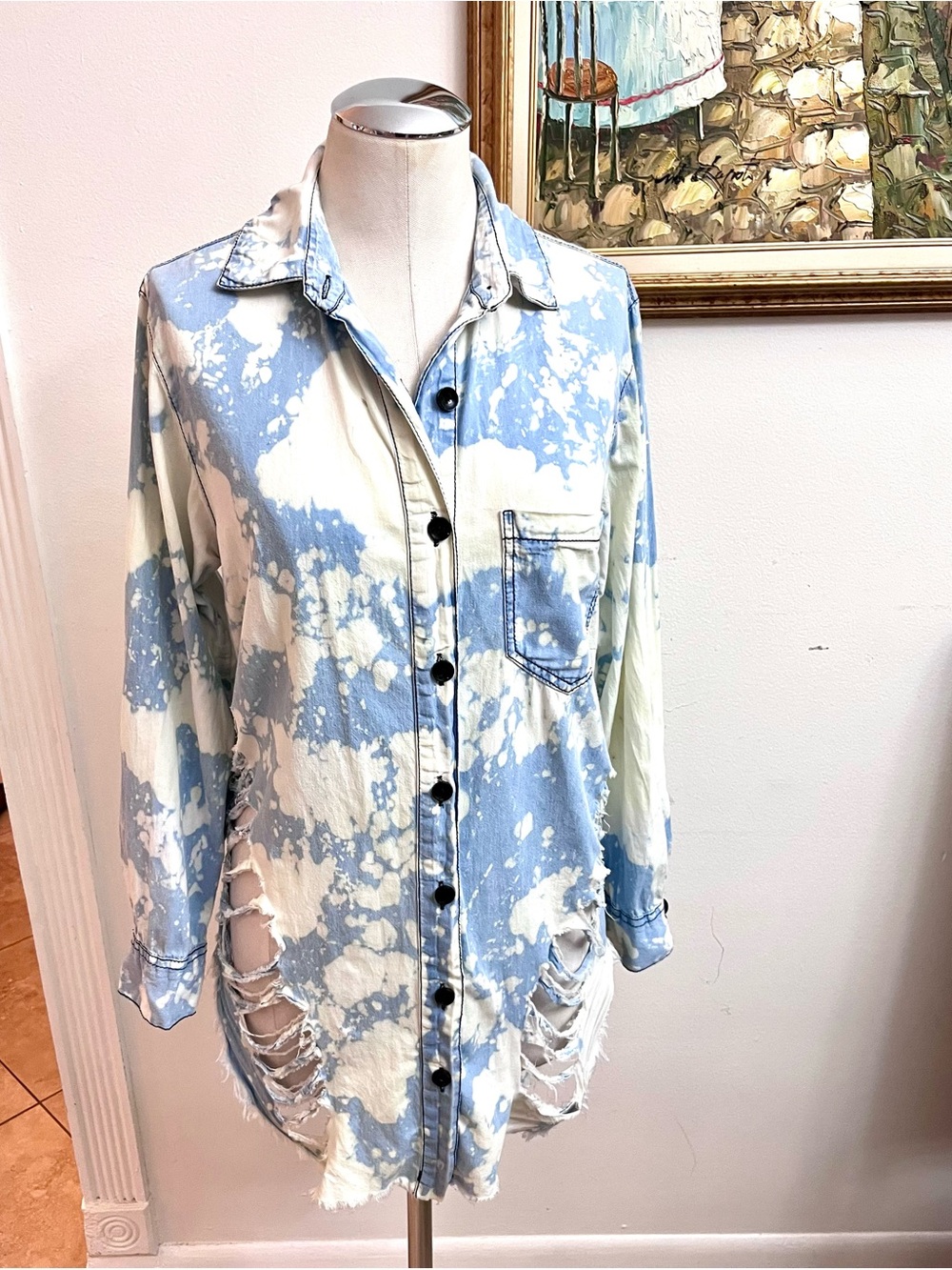 Light Blue & Cream Tie-Dye Distressed Button-Down Shirt